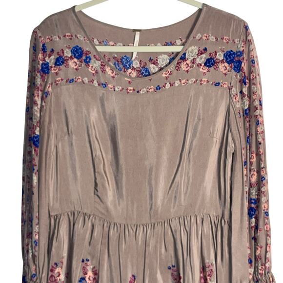 Free People Floral Babydoll Dress Taupe Long Sleeve Boho Size 10 - Picture 2 of 8